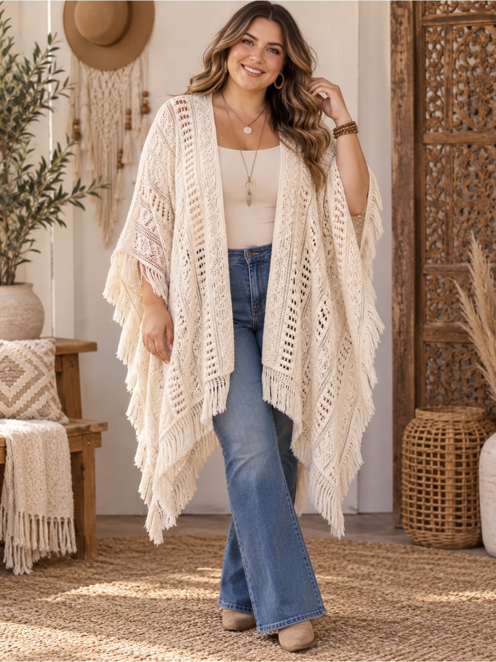 torrid Cream Open-Knit Fringe Poncho